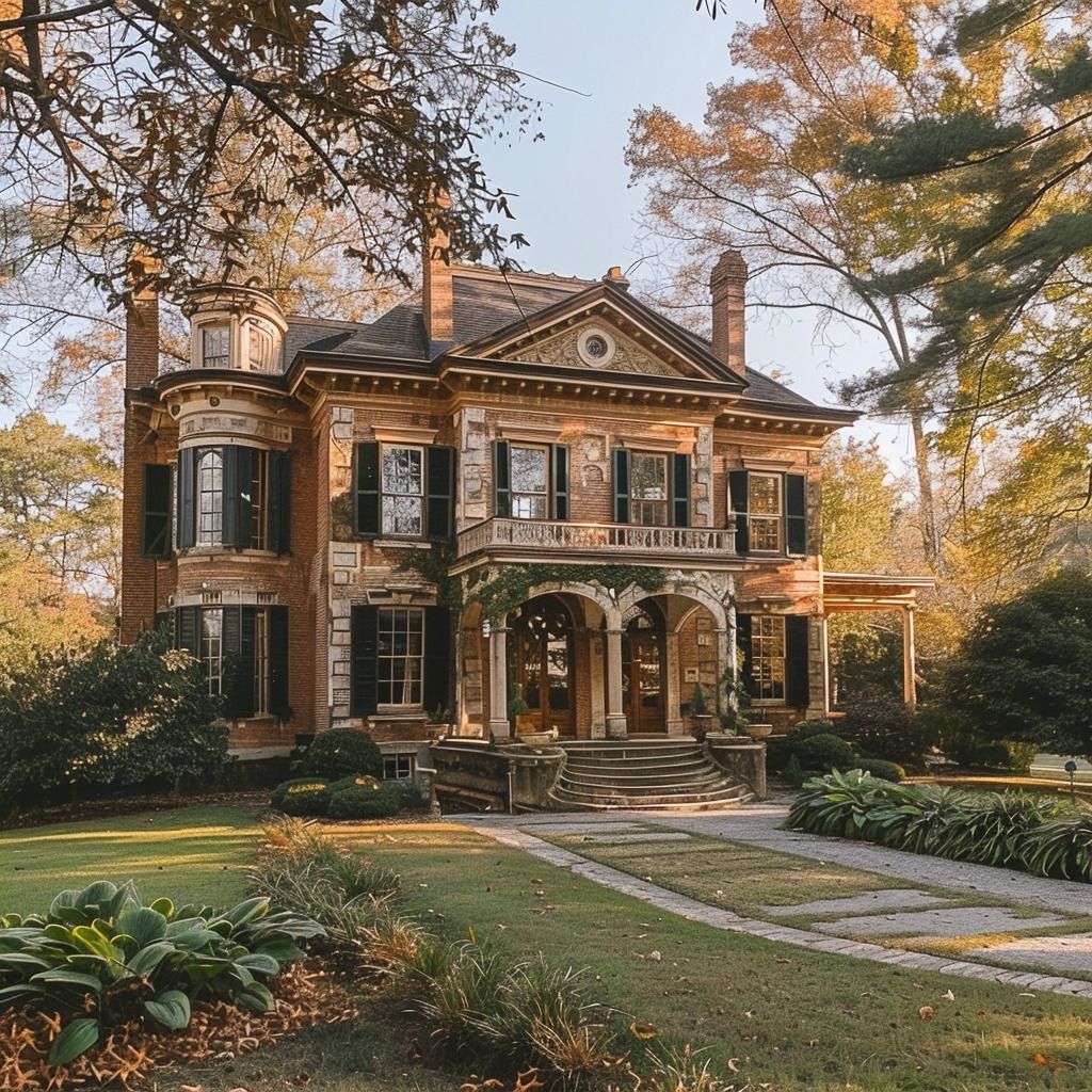 "Brick Victorian mansion with green shutters and curved stairs"