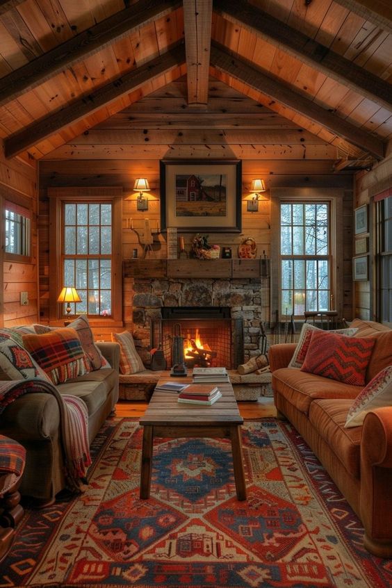 Cozy log cabin living room with crackling fireplace.