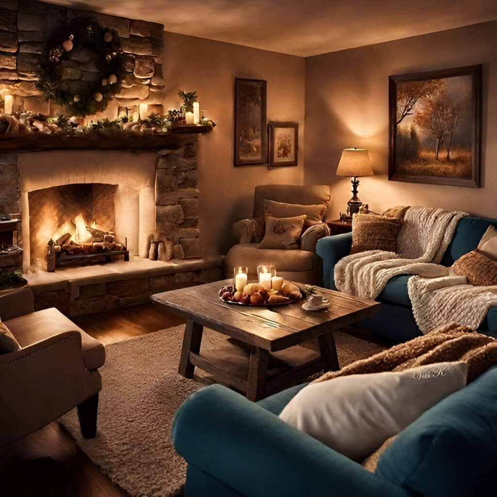 Cozy living room with lit stone fireplace and warm decor.