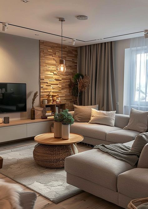 Cozy living room with wooden accent wall, sectional sofa, and warm lighting.