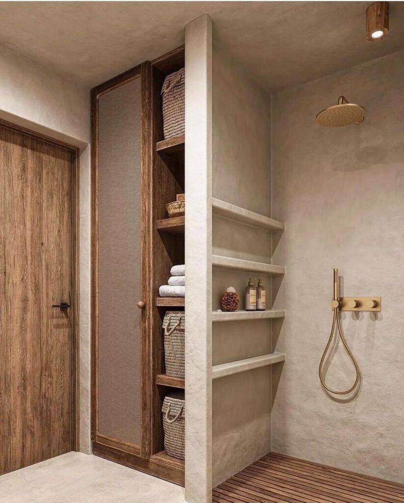 Small bathroom with wooden storage and open shower area.