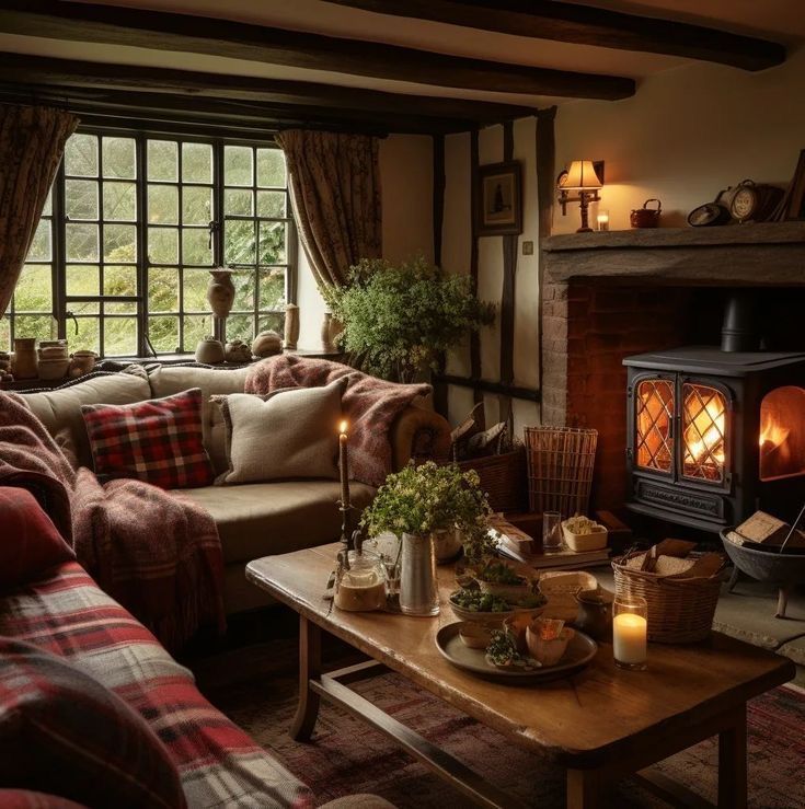 Cozy cottage living room with wood stove and large window