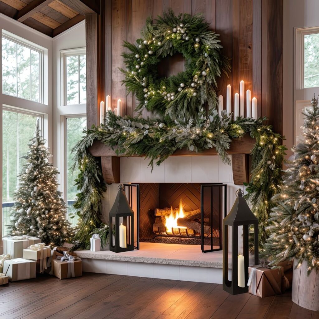 "Elegant Christmas fireplace with wreath, garland, and lanterns"