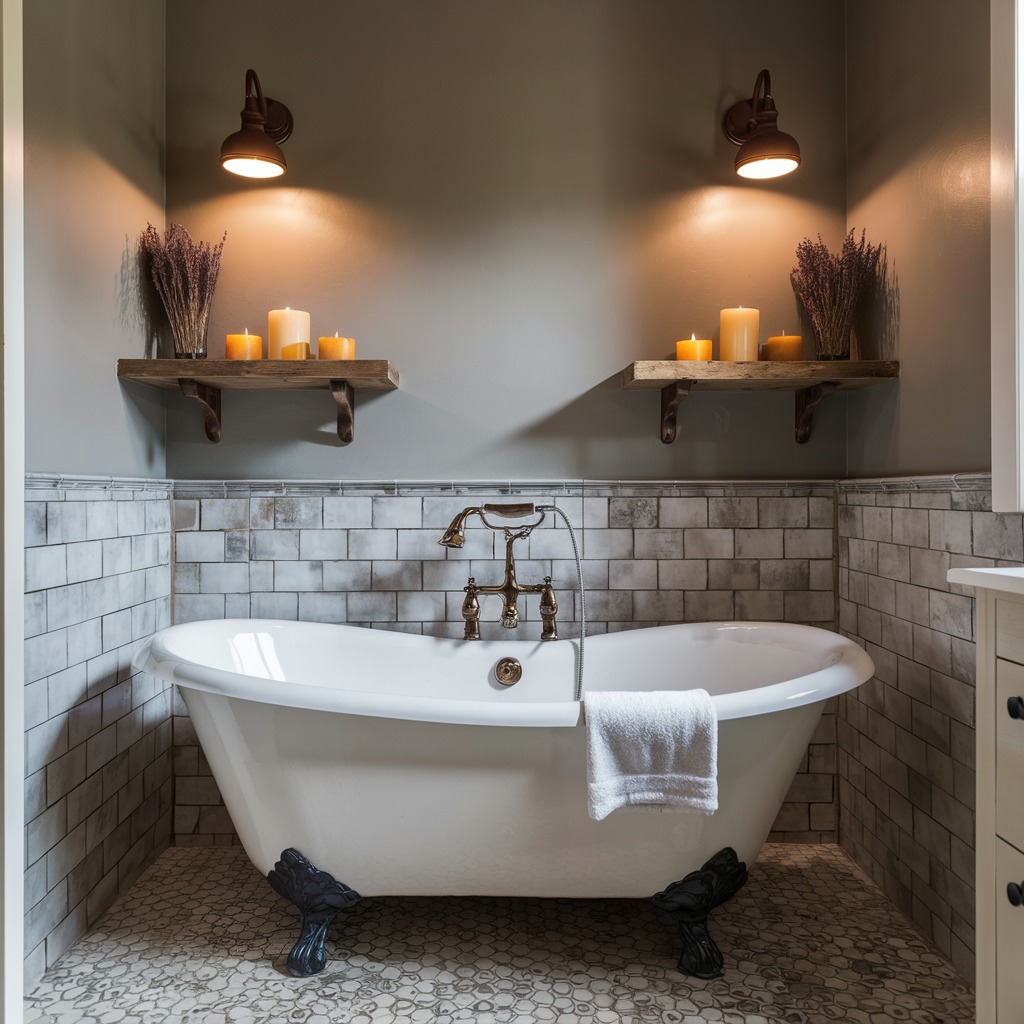 Rustic bathroom with clawfoot tub and autumn decor