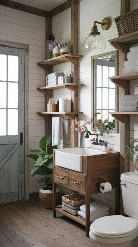 Rustic bathroom with wooden vanity and farmhouse sink