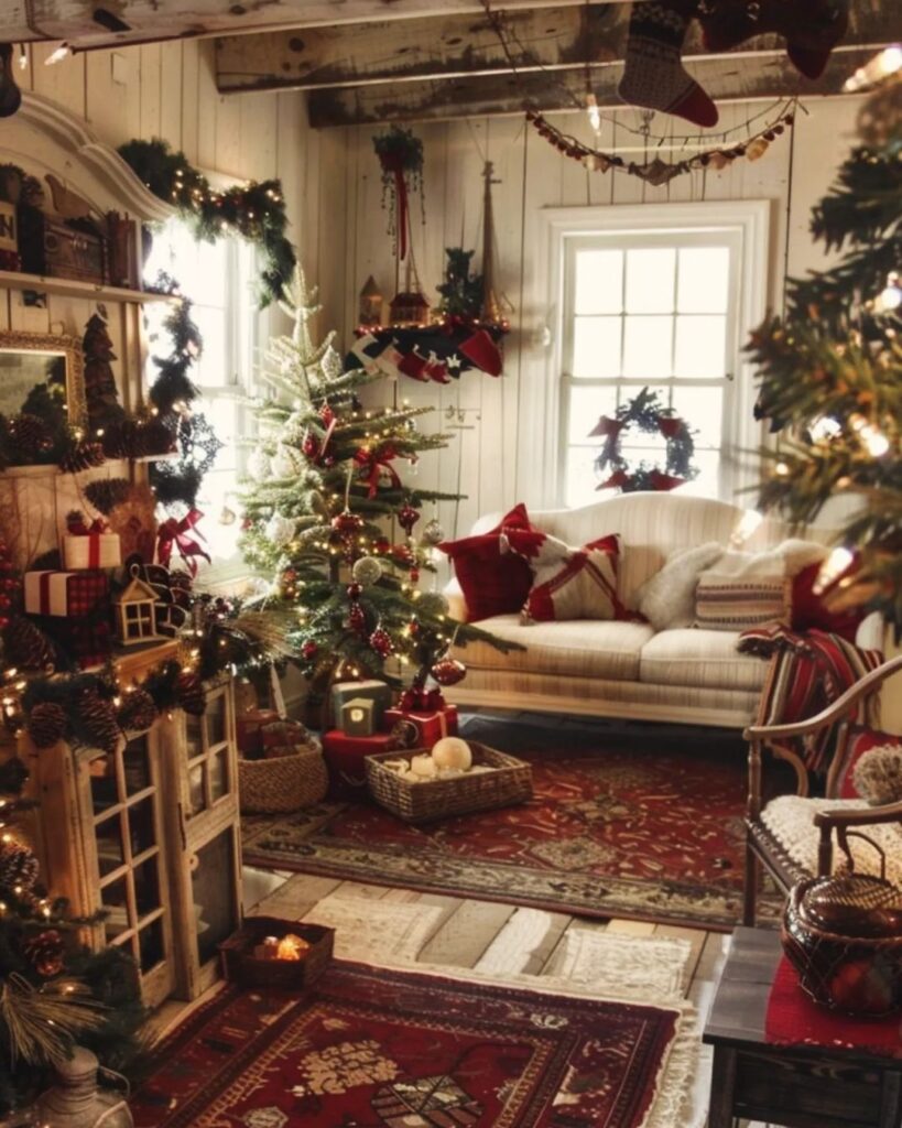 Cozy farmhouse living room with vintage Christmas decor and Persian rugs