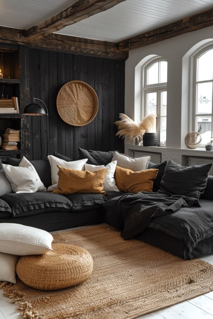 Black cozy corner with rustic beams and pillows