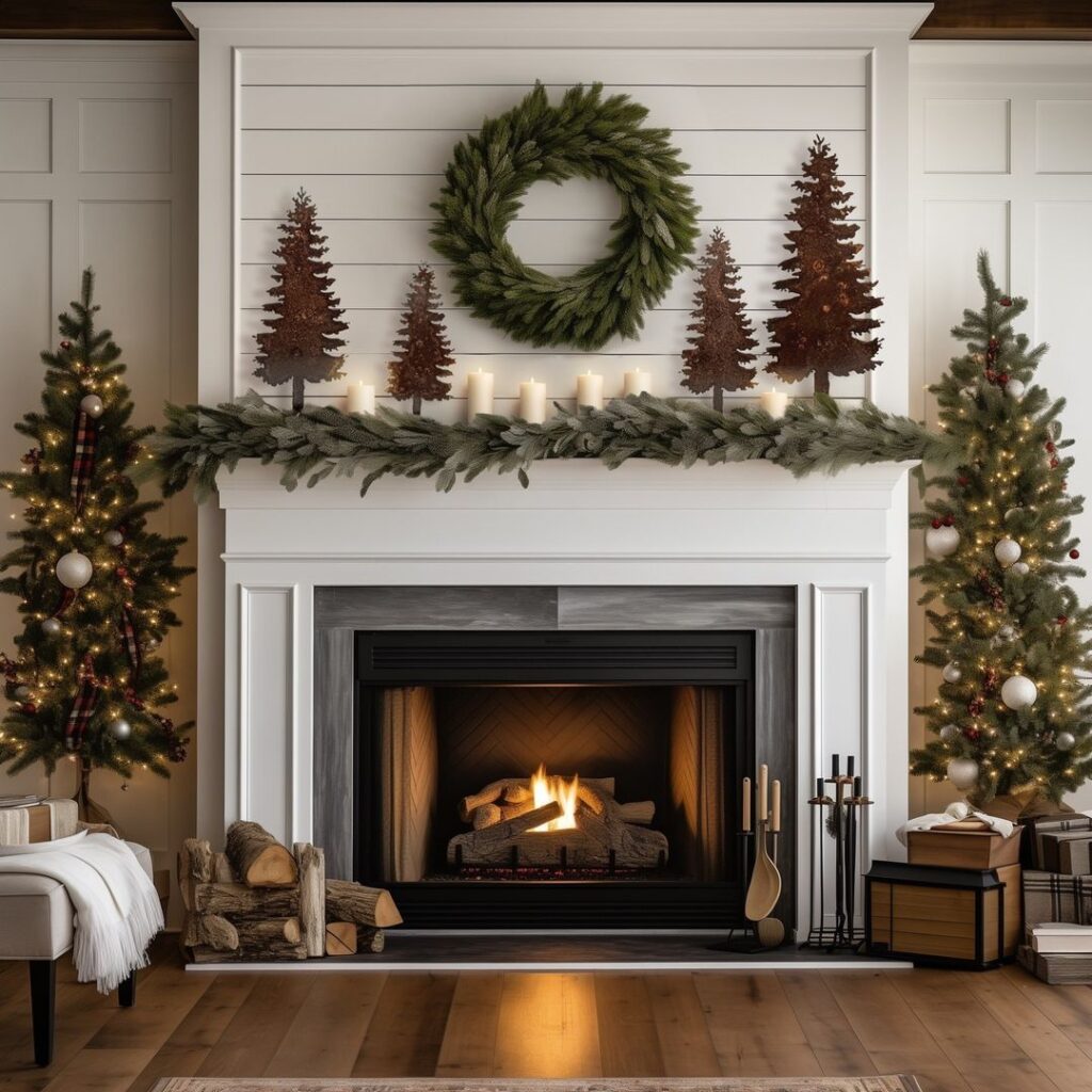 White fireplace with forest inspired Christmas decor and twin trees