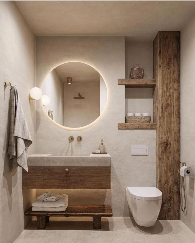 Luxury bathroom with backlit round mirror, wooden accents, and neutral tones