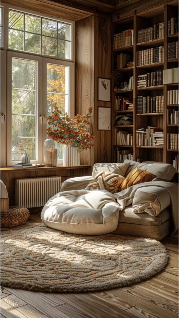 Cozy library nook with chaise lounge and bookshelves