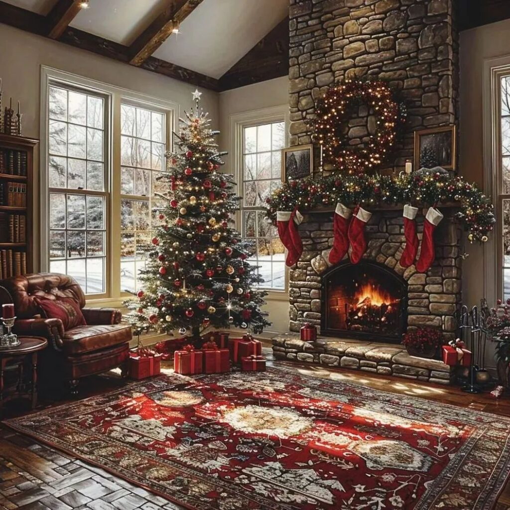 Cozy Christmas living room with stone fireplace snowy windows and decorated tree