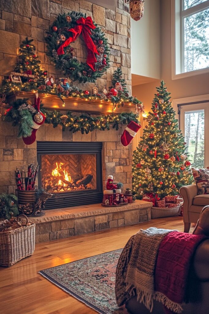 Stone fireplace with holiday wreath garland and glowing Christmas tree