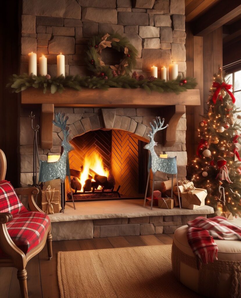 "Stone fireplace with metallic reindeer decorations and natural pine mantel garland"