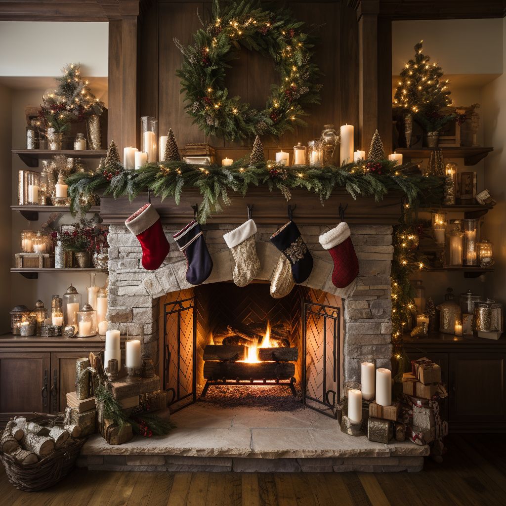 "Stone fireplace adorned with garlands stockings and glowing candles"