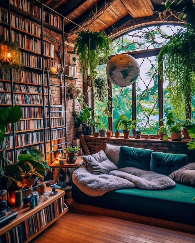 Cozy room with bookshelves plants and forest view window