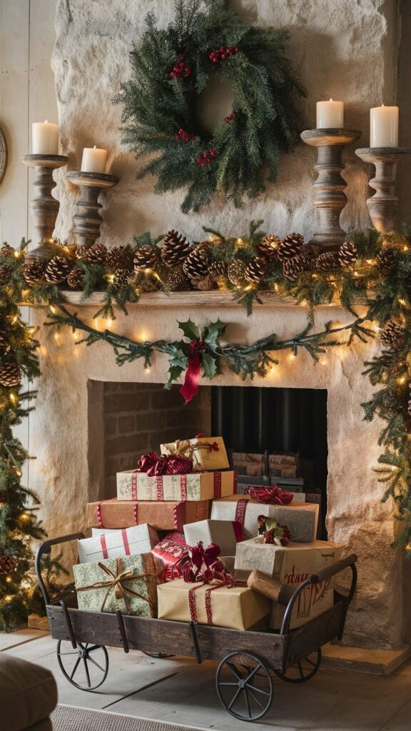 Vintage wooden cart filled with presents beneath decorated rustic fireplace