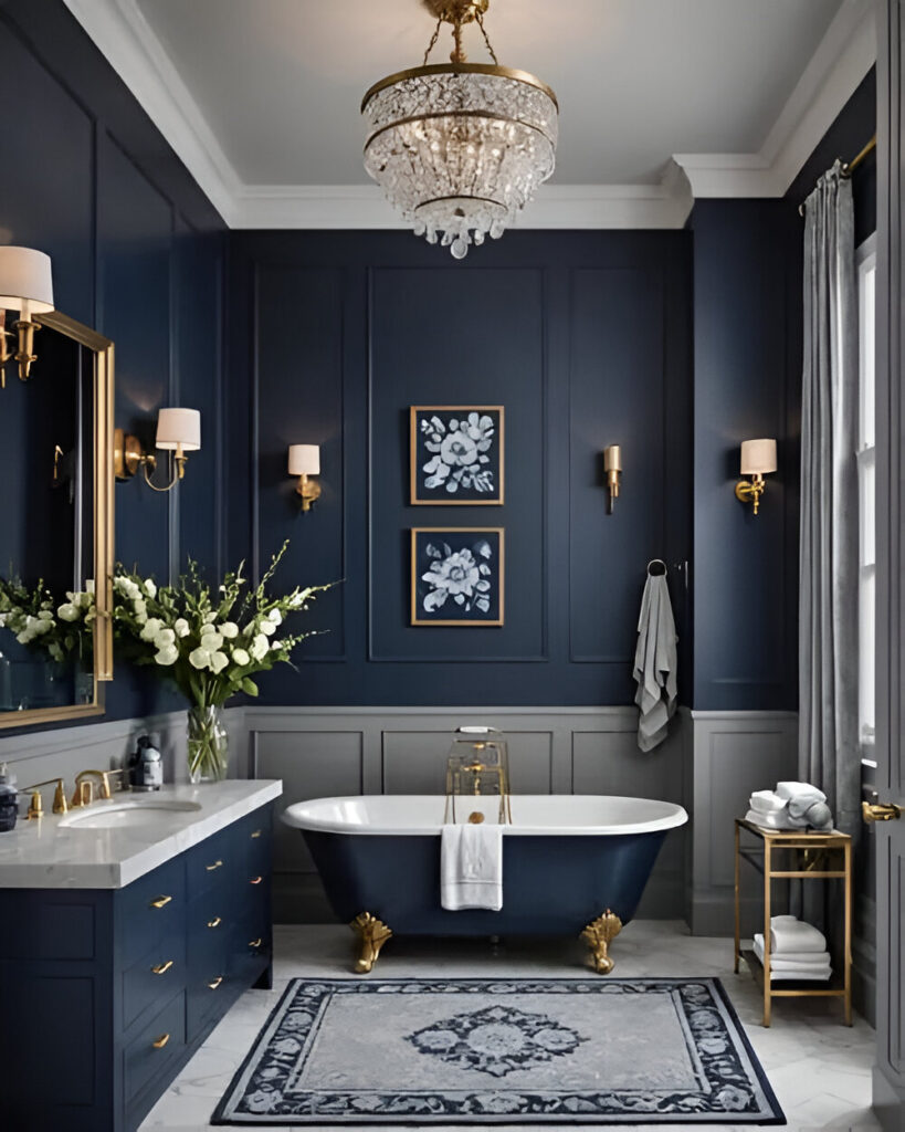 Navy blue bathroom with clawfoot tub and crystal chandelier