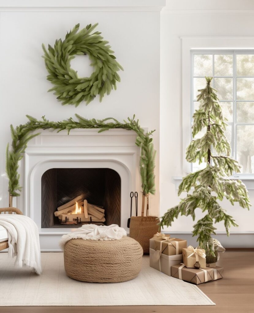 "Minimalist white fireplace with green wreath and floating Christmas tree decor"