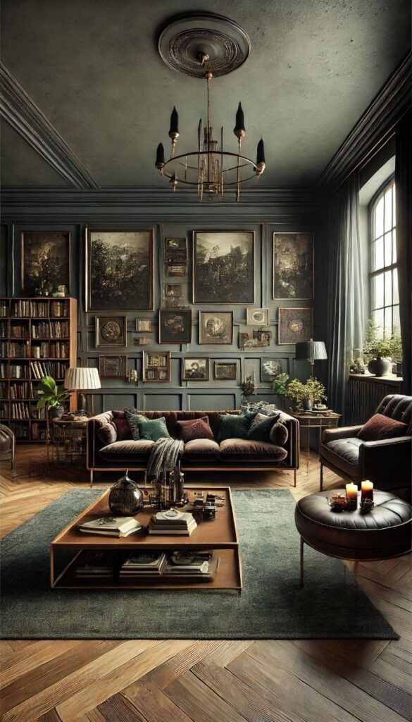 Moody living room with gallery wall and vintage furnishings