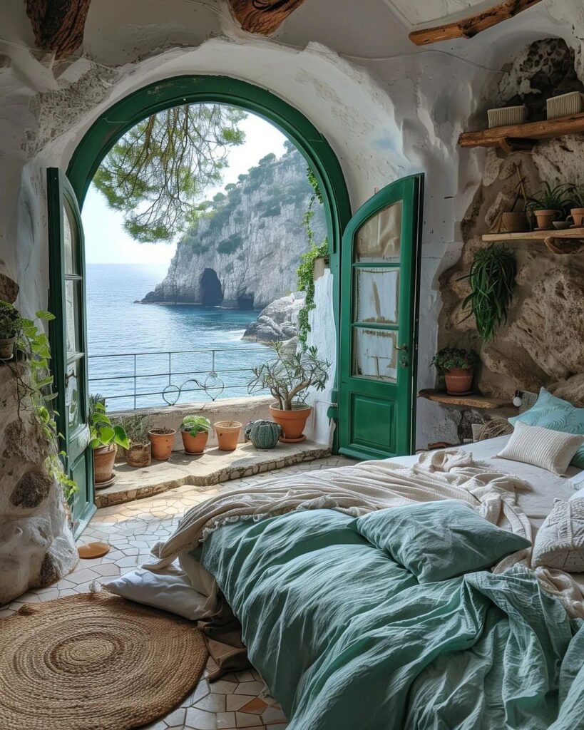 Bedroom with arched door overlooking coastal cliffs and sea