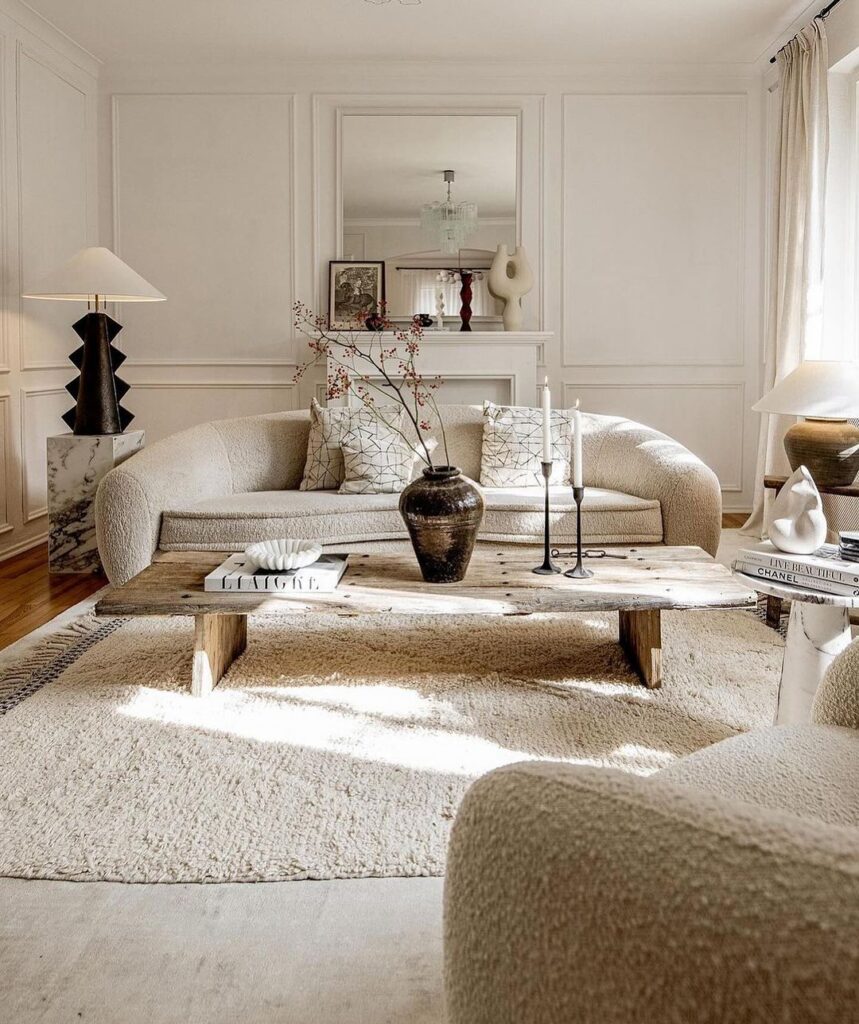 Cozy cream living room with wooden table