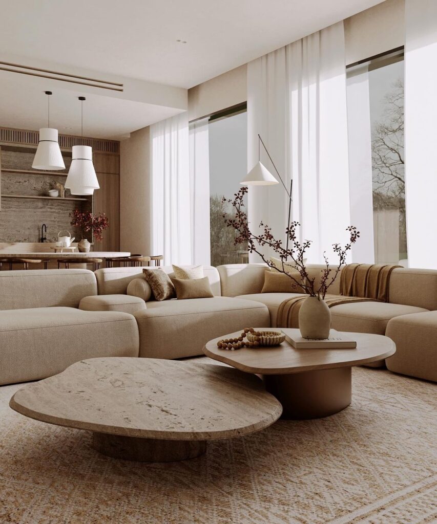 Airy minimalist living room with curved sofa