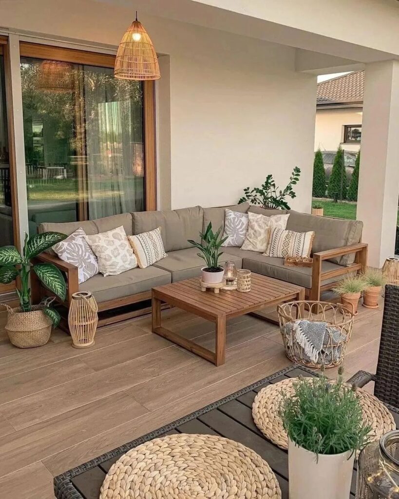 Cozy outdoor patio with wooden furniture plants and woven decor