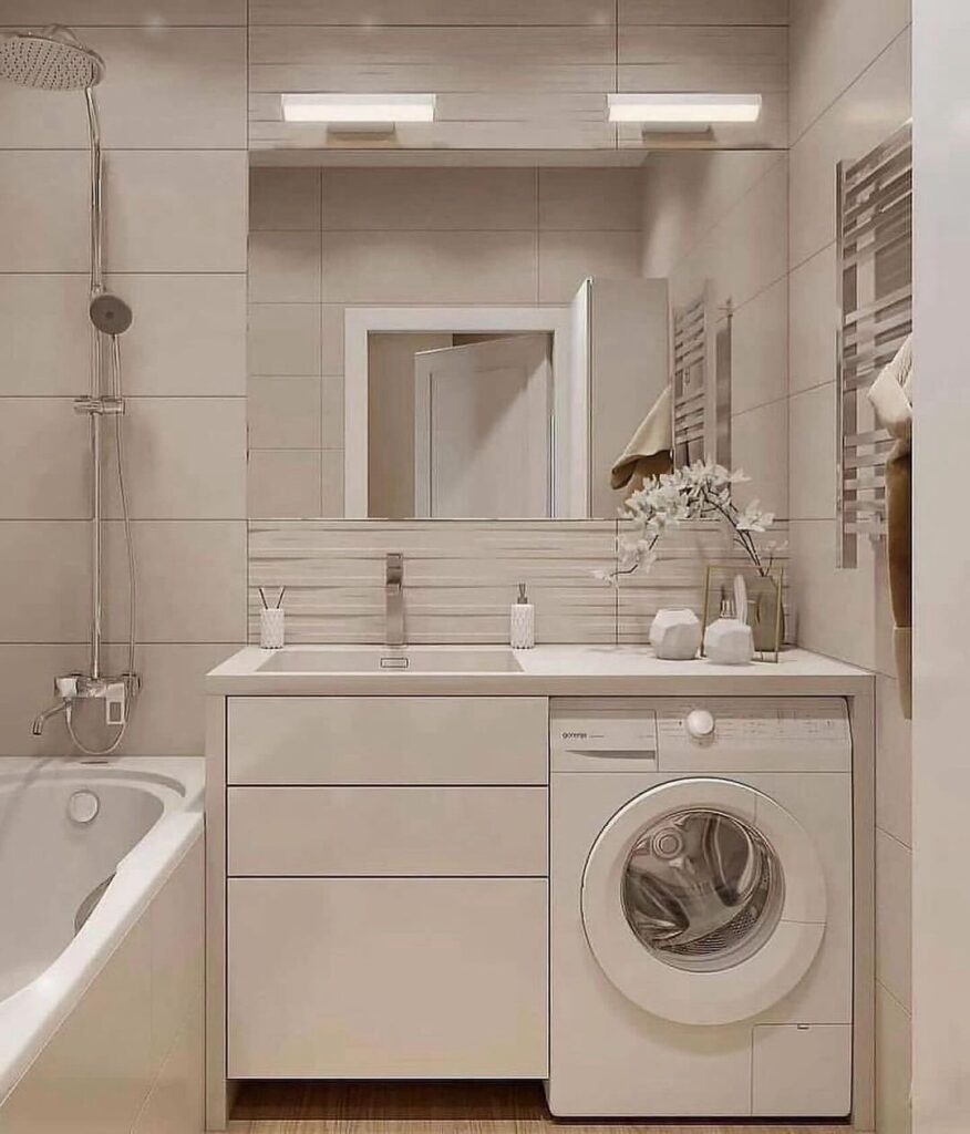 Modern beige bathroom with integrated laundry