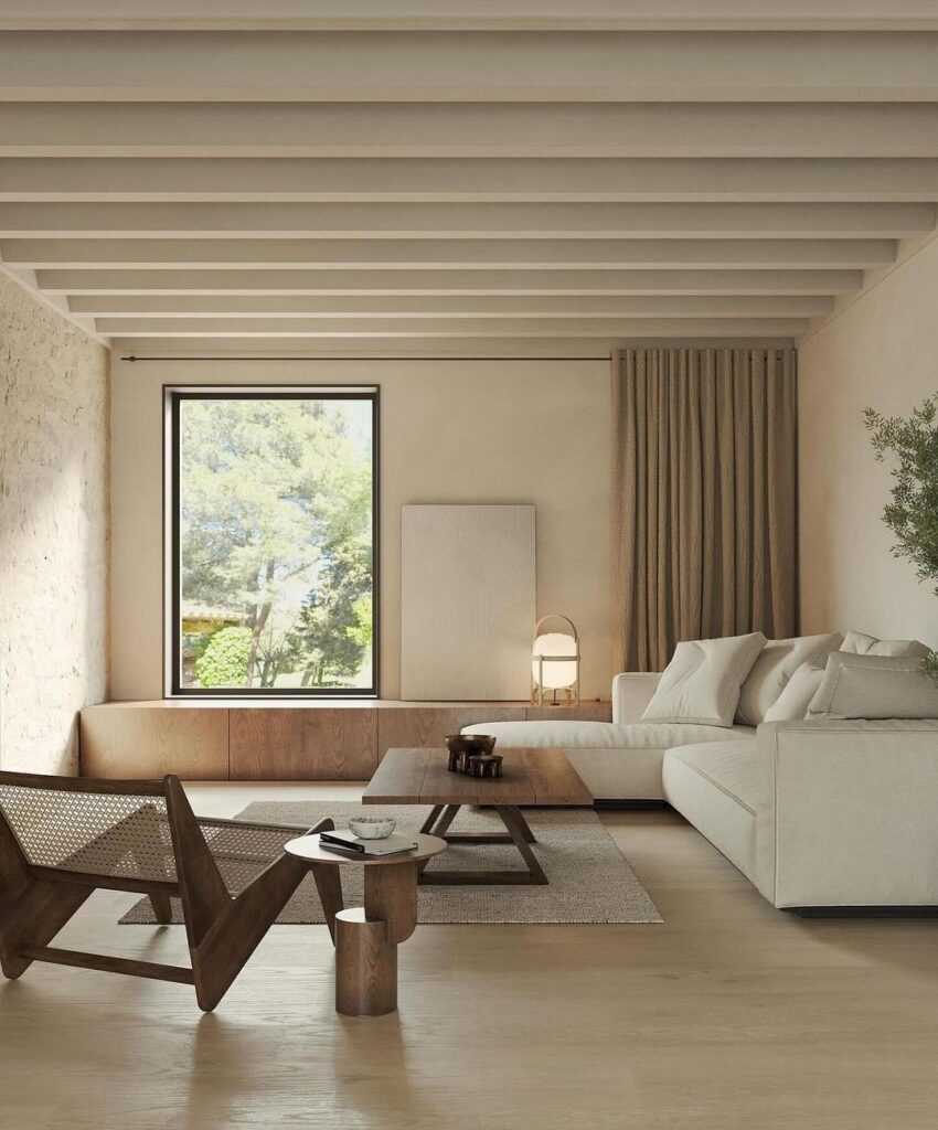 Minimalist living room with natural light and wooden accents