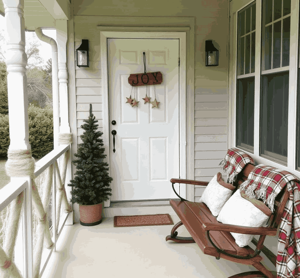 White porch with joy sign glider and small Christmas tree