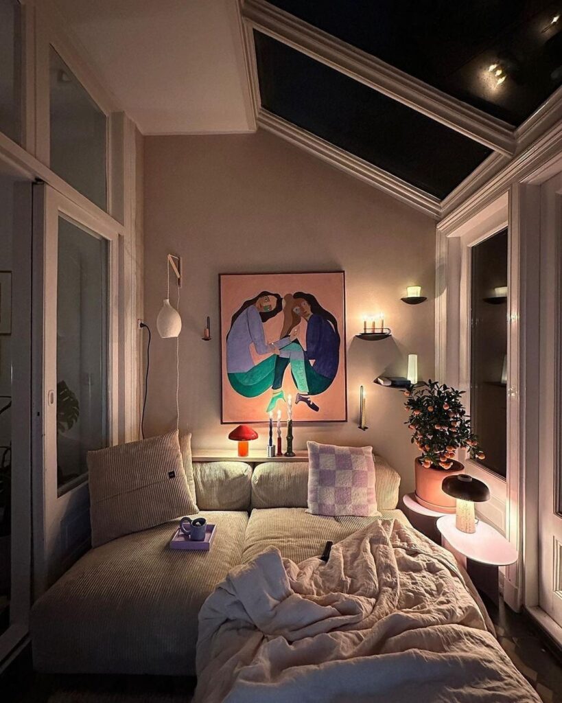 Cozy bedroom with skylight art and soft lighting