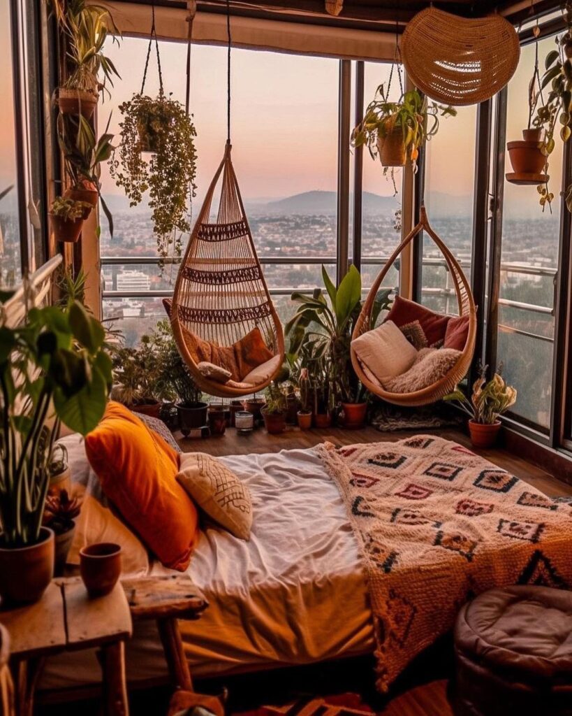 Cozy balcony with hanging chairs plants and city view.