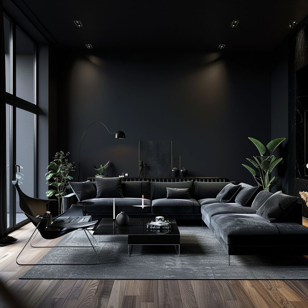 Modern black living room with large sofa and plants