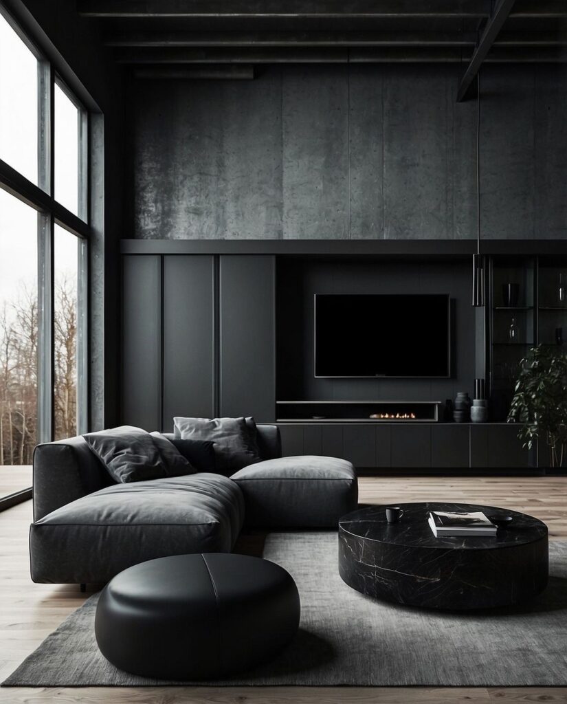 Cozy dark living room with large windows