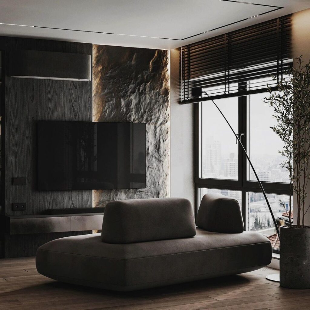 Compact dark living room with city view