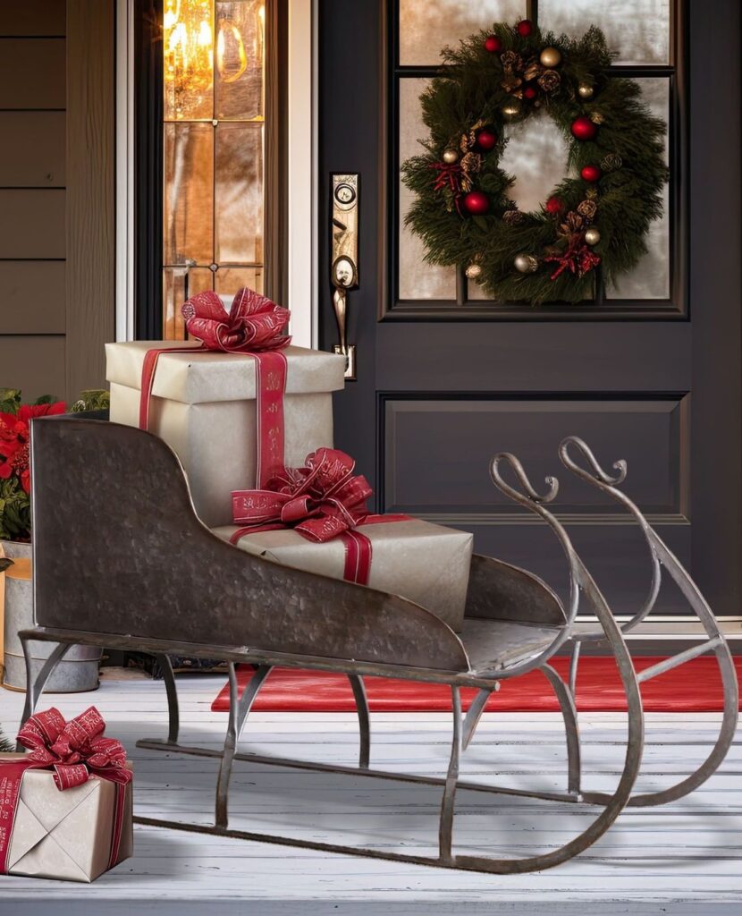  Vintage metal sleigh filled with wrapped gifts beside wreathed door