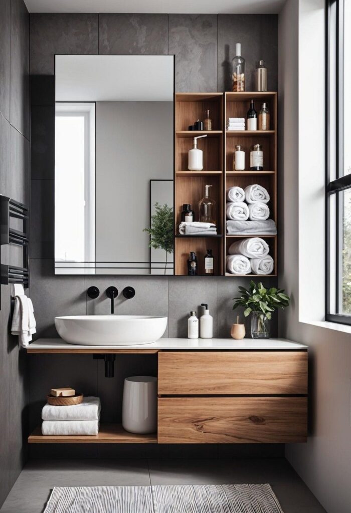 Minimalist bathroom with wooden vanity and open shelving.