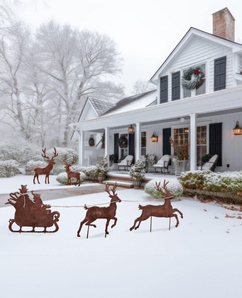 Metal reindeer display outside snowy white farmhouse with decorated porch