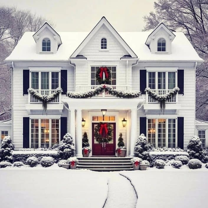 Snow covered white colonial house with elegant Christmas decorations