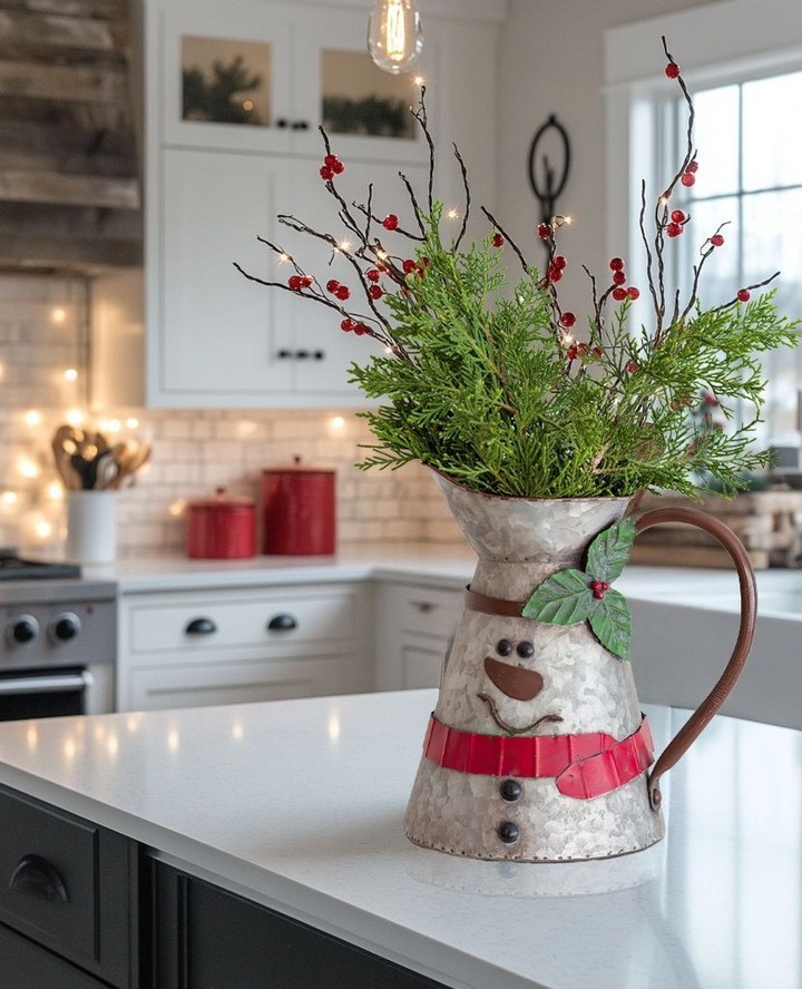 Festive snowman pitcher with greenery and berries on white kitchen counter