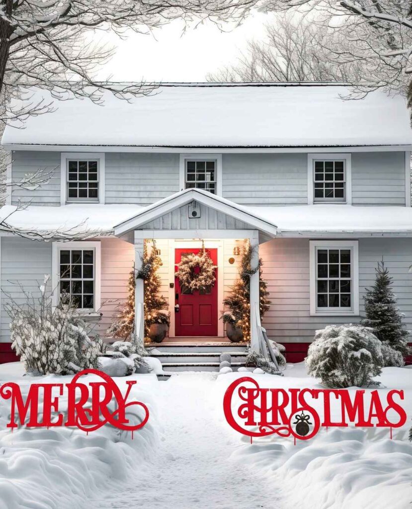 White colonial house with red Christmas signs in snowy yard