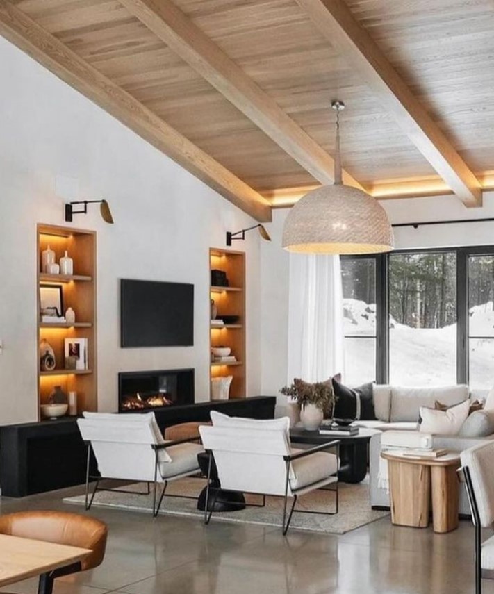 Modern living room with fireplace and snowy view