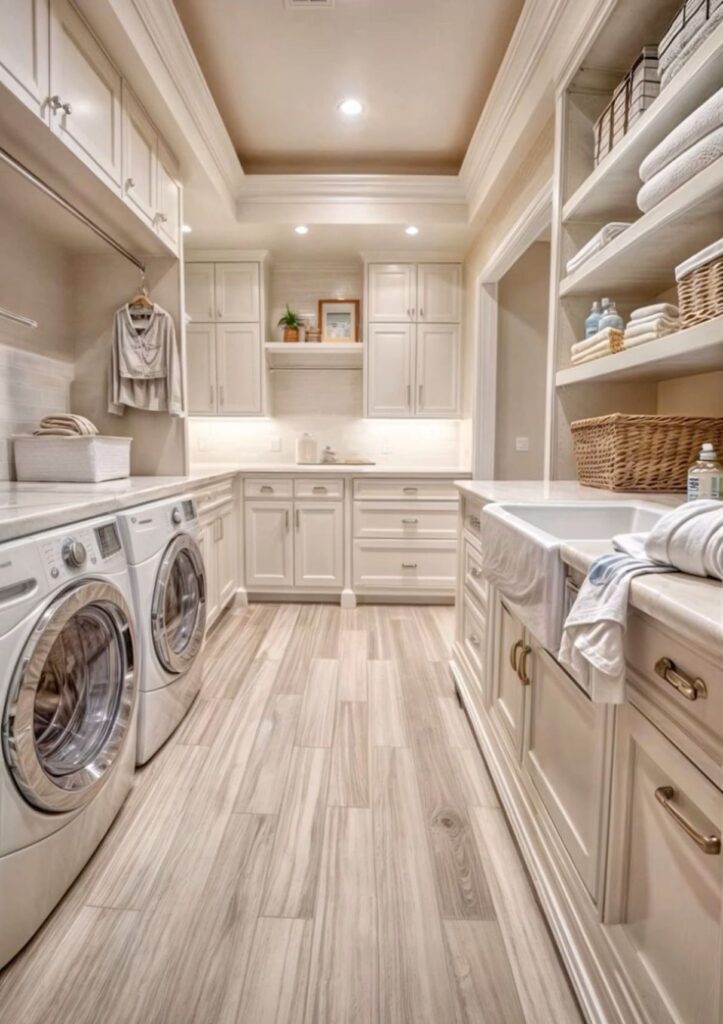 Spacious cream-colored laundry room with tray ceiling and ample storage.