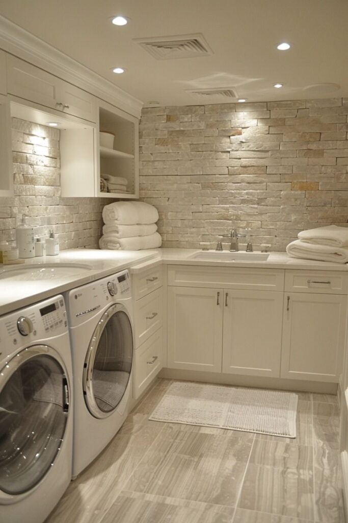 Elegant laundry room with stacked stone walls and white cabinets.