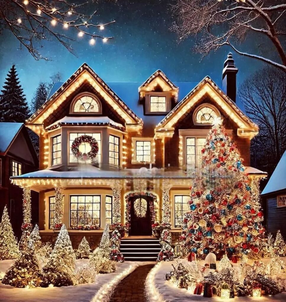 Golden-lit house with decorated Christmas tree and snowy pathway under starry sky.