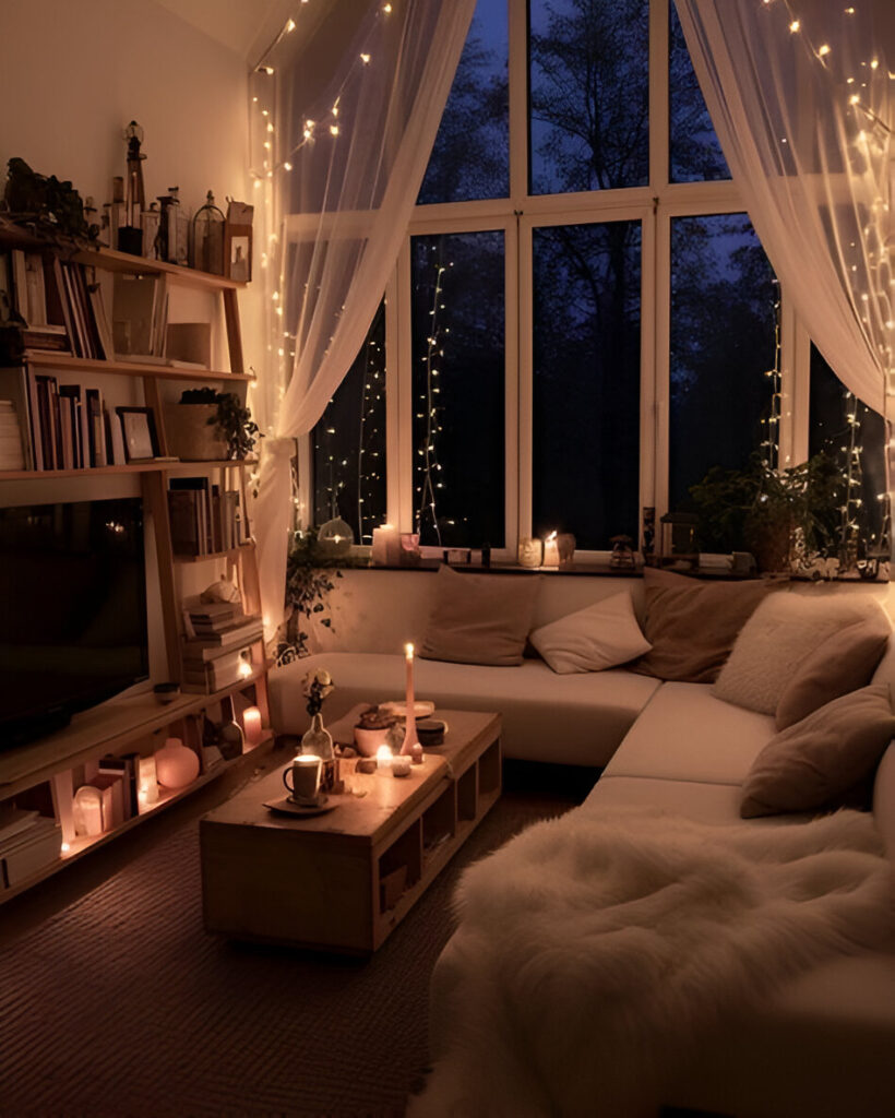 Cozy reading nook with fairy lights and bookshelves