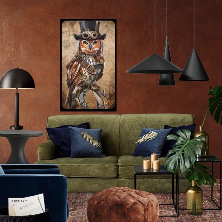 Cozy living room with steampunk owl art and green sofa