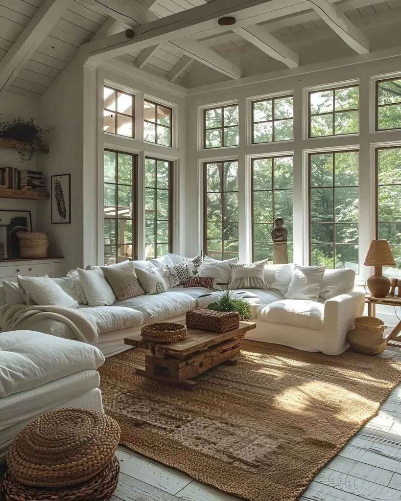 Bright living room with large windows white furniture and natural decor