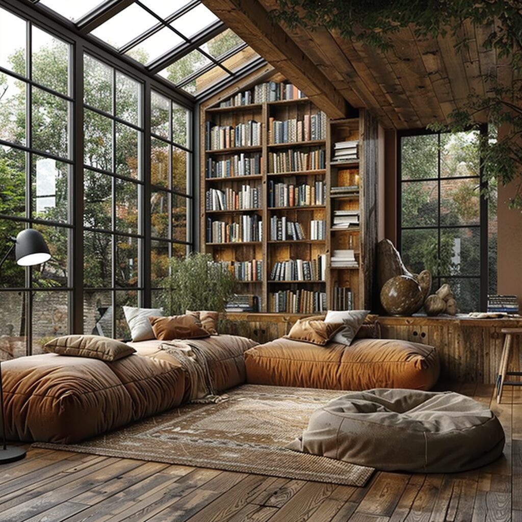 Glass walled library with comfy seating and bookshelves