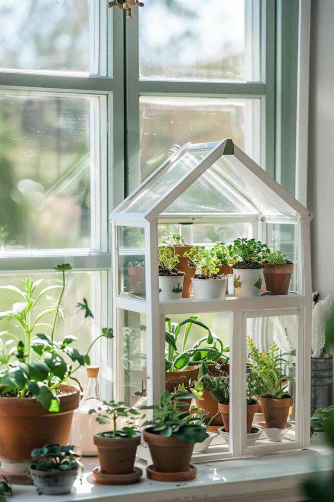 White mini greenhouse filled with potted herbs on sunny windowsill